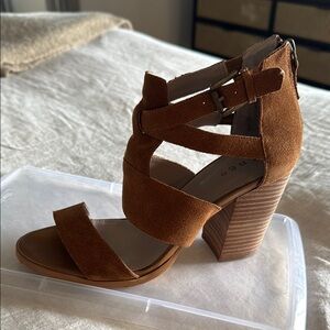 Cognac Suede Block Heel Sandals with Straps